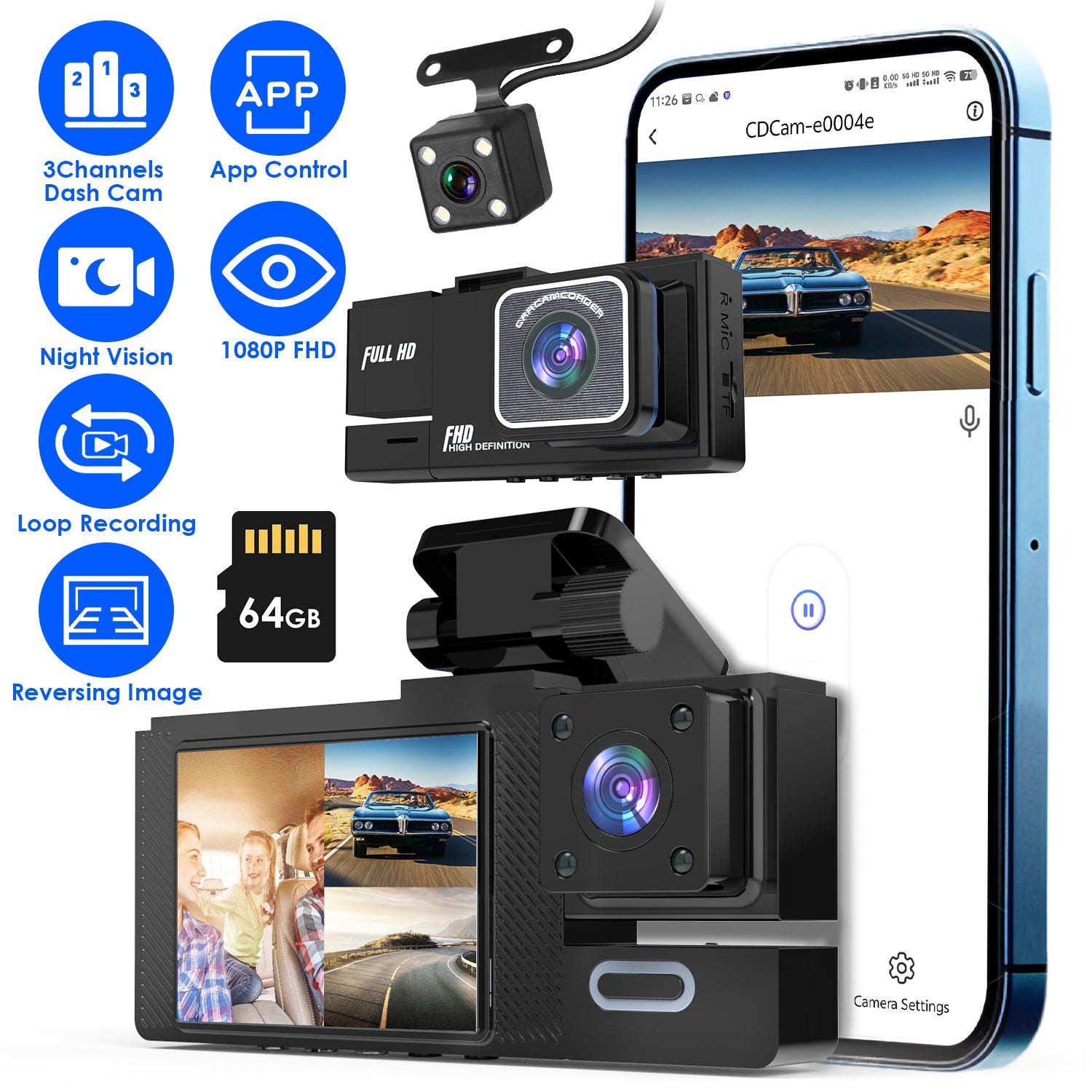 1Pc WiFi FHD 1080P Car Dash Cam 3 Channels Front Rear Inside Dash Camera With Loop Recording Reversing Image Night Vision 170 Degree Wide Angle Support 64G MMC Card Included